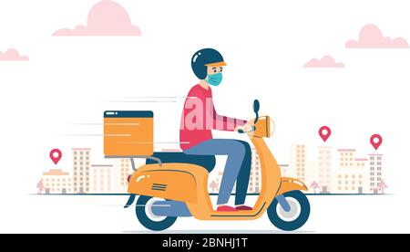 Illustrazione vettoriale di un uomo di consegna, indossando una maschera a causa del coronavirus, che consegna un ordine su una motocicletta Illustrazione Vettoriale