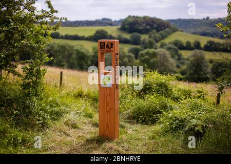 Laurie Lee Wildlife Way, Gloucestershire Wildlife Trust. 11 poesie ‘post’ con l’opera di Lee, Slad Valley, Stroud, Gloucestershire, Regno Unito. 2 settembre Foto Stock