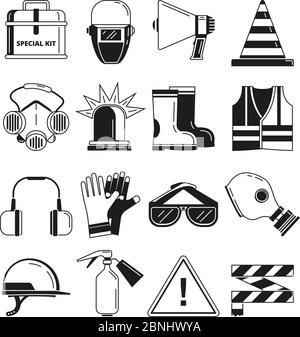 Lavoro di sicurezza, simboli di sicurezza. Illustrazioni vettoriali monocromatiche Illustrazione Vettoriale