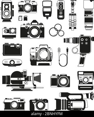Videocamere e fotocamere e diversi accessori professionali. Illustrazioni vettoriali monocromatiche Illustrazione Vettoriale