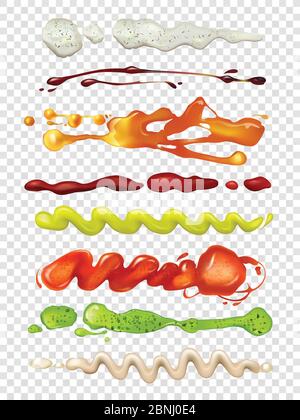 Illustrazioni realistiche di salse per alimenti. Wasabi, maionese e ketchup Illustrazione Vettoriale