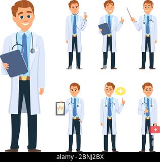 Medico in diverse posizioni. Mascot design in stile vettoriale Illustrazione Vettoriale