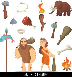 Strumenti diversi dal periodo preistorico. Armi antiche primitive per caveman Illustrazione Vettoriale