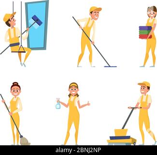 Personale di squadra del servizio di pulizia. Set di diversi personaggi in abiti speciali Illustrazione Vettoriale