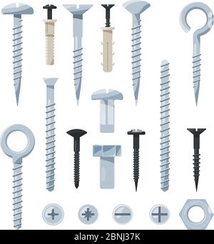 Immagini di strumenti hardware. Bulloni, dadi, chiodi e viti in ferro Illustrazione Vettoriale