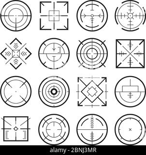 Diversi obiettivi militari per i giochi di strategia. Immagini vettoriali monocromatiche Illustrazione Vettoriale