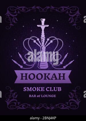 Poster per club di fumo con illustrazione di hookah. Modello vettoriale con posizione per il testo Illustrazione Vettoriale