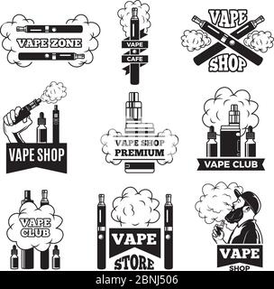 Badge ed etichette con illustrazioni di vapore da sigaretta elettrica. Foto per il club o il negozio di vaporing Illustrazione Vettoriale