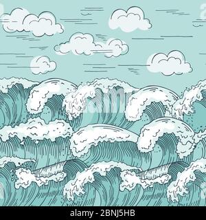 Modello senza giunture Ocean Waves. Sfondo delle illustrazioni vettoriali disegnate a mano Illustrazione Vettoriale