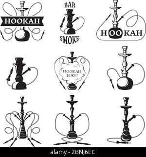 Set di etichette per hookah e lounge club. Illustrazioni vettoriali monocromatiche Illustrazione Vettoriale