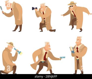 Detective in diverse posizioni di azione. Carattere vettoriale in stile cartoon Illustrazione Vettoriale