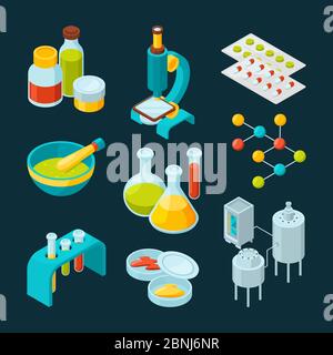 Icone isometriche insieme di industria farmaceutica e tema scientifico Illustrazione Vettoriale