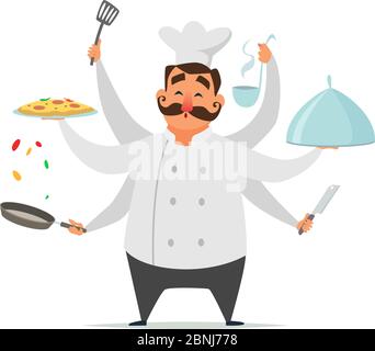 Cucina multitasking chef. Carattere vettoriale divertente isolato su bianco Illustrazione Vettoriale