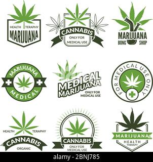 Set di etichette o badge medici. Illustrazioni monocromatiche di canabis e marijuana Illustrazione Vettoriale