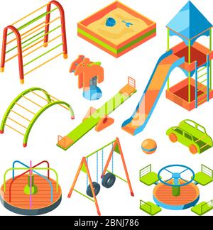 Parco giochi per bambini. Set di immagini isometriche Illustrazione Vettoriale