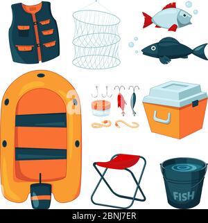 Attrezzi differenti per la pesca. Icone vettoriali impostate in stile cartoon Illustrazione Vettoriale