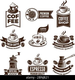 Etichette per caffè monocromatiche in stile retrò. Illustrazioni vettoriali impostate con la posizione per il testo Illustrazione Vettoriale