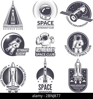 Illustrazioni monocromatiche di navetta spaziale e astronauti per etichette e badge Illustrazione Vettoriale