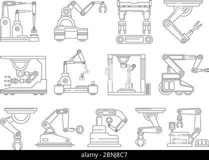 Macchine robotizzate per la produzione. Set di immagini vettoriali a linea mono Illustrazione Vettoriale