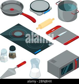 Utensili da cucina per cucinare. Set di immagini isometriche Illustrazione Vettoriale