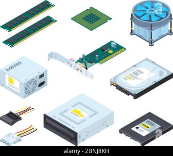 Componenti hardware e componenti diversi del personal computer. Set di immagini isometriche vettoriali Illustrazione Vettoriale