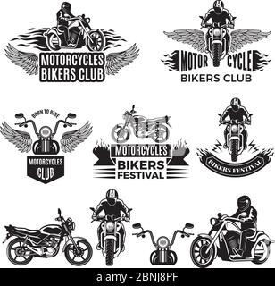 Emblemi o loghi per club di biker. Illustrazioni di motocicli e trinciatori personalizzati Illustrazione Vettoriale