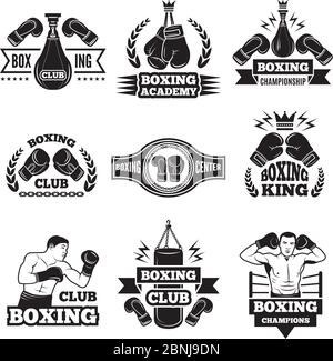 Set di etichette monocromatiche per il campionato di boxe. Illustrazione di guanti e pugili Illustrazione Vettoriale
