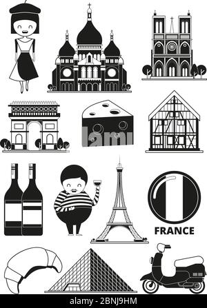 Illustrazioni monocromatiche dei punti di riferimento francesi. Immagini vettoriali in stile cartoon Illustrazione Vettoriale