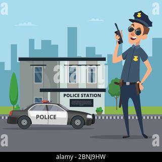Costruzione di stazione di polizia e cartoni animati personaggio di poliziotto Illustrazione Vettoriale