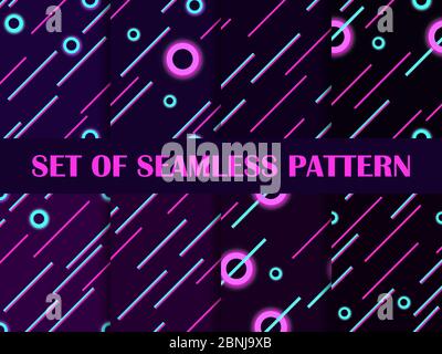 Cyberpunk set di pattern senza giunture. sfondo fantascientifico anni '80. Raggi luminosi rotondi e lineari al neon. Illustrazione vettoriale Illustrazione Vettoriale