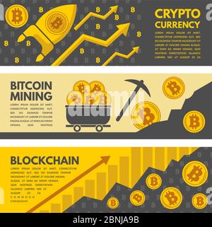 Striscioni orizzontali con illustrazioni dell'industria mineraria di bitcoin Illustrazione Vettoriale