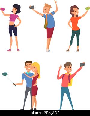 Diversi personaggi divertenti fanno selfie sul loro smartphone Illustrazione Vettoriale