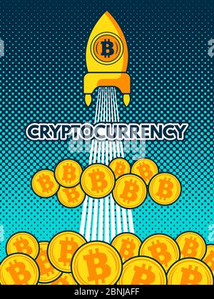 Illustrazione di sfondo della criptovaluta. Bitcoin alla luna Illustrazione Vettoriale