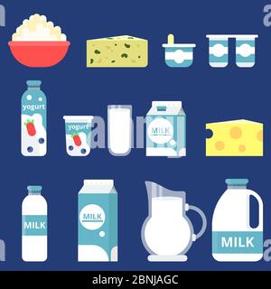 Illustrazioni di diversi prodotti lattiero-caseari in stile piatto Illustrazione Vettoriale