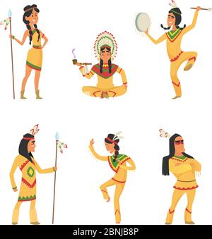 indiani nativi americani. Caratteri cartoni animati impostati in stile vettoriale Illustrazione Vettoriale