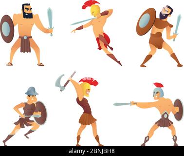 Gladiatori che tengono spade. I personaggi in azione si pongono Illustrazione Vettoriale