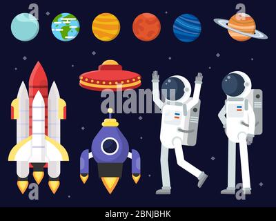 Set di pianeti, navette spaziali e astronauti in stile piatto Illustrazione Vettoriale