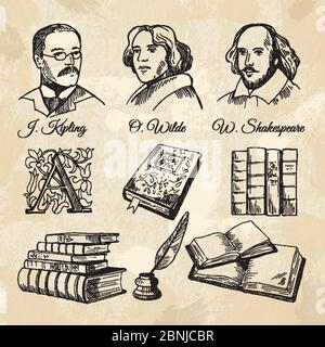 Scrittori inglesi famosi e libri diversi Illustrazione Vettoriale