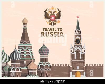 Poster d'epoca o scheda di viaggio con illustrazioni dei monumenti culturali russi del cremlino Illustrazione Vettoriale