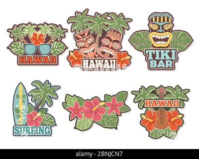 Adesivi e badge colorati con simboli della cultura hawaiana Illustrazione Vettoriale