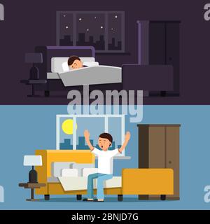 Illustrazioni di persone rilassate. Dormendo uomo a letto di notte. Maschio al mattino Illustrazione Vettoriale