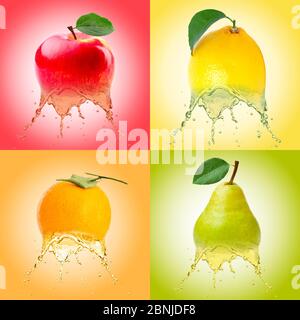 Illustrazione in stile Andy Warhol di frutta, mela, pera, limone e arancia che si trasforma in liquido. Foto Stock