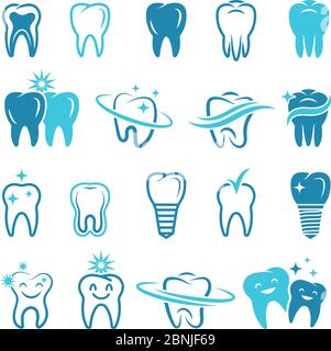 Immagini stilizzate monocromatiche dei denti. Illustrazioni del concetto dentale per i loghi Illustrazione Vettoriale