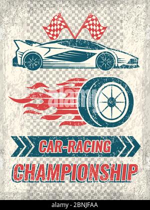 Poster vintage con auto da corsa. Modello vettoriale con posizione per il testo Illustrazione Vettoriale