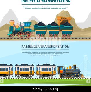 Modello di banner con illustrazioni colorate dei treni retrò Illustrazione Vettoriale