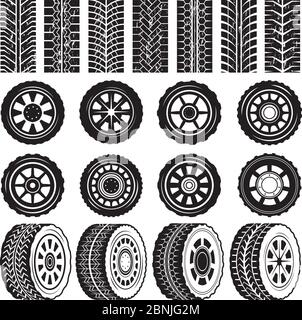 Immagini monocromatiche con ruote e protezione pneumatici Illustrazione Vettoriale