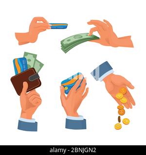 Monete, carte bancarie e dollari in mani. Immagini insieme di soldi Illustrazione Vettoriale