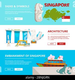 I banner sono un modello con oggetti culturali e monumenti di singapore Illustrazione Vettoriale