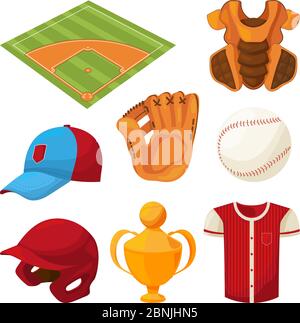 Le icone dei cartoni animati da baseball si isolano in bianco Illustrazione Vettoriale