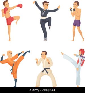 Pose dei personaggi sportivi in azione. Taekwondo karate combattenti Illustrazione Vettoriale